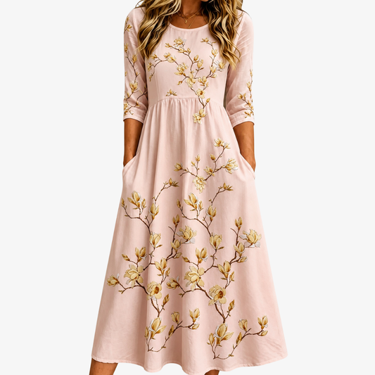 Magnoliah | Vestido midi magnolia dorada en flor con bolsillos