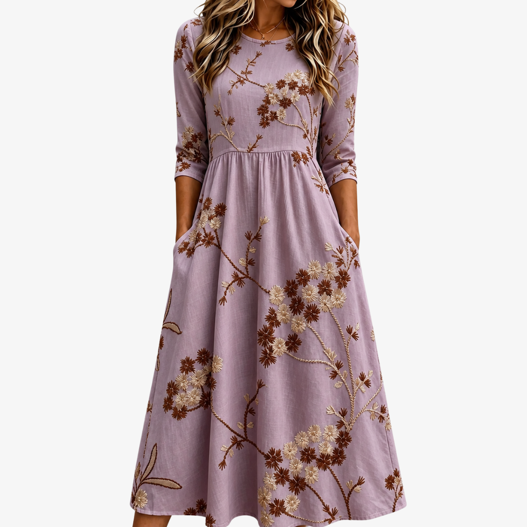 Valerya | Vestido midi floral pradera lavanda con bolsillos