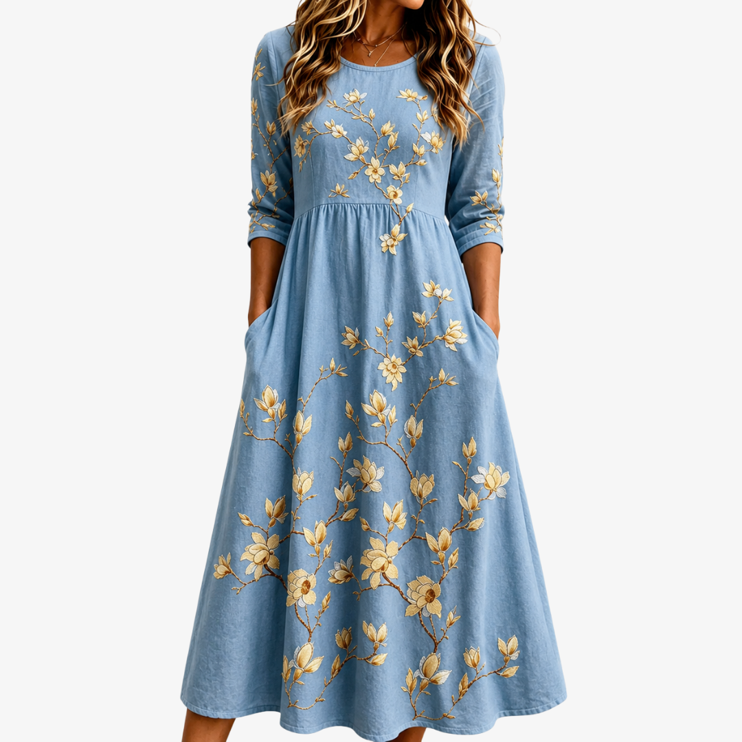 Cele | Vestido midi pradera campanilla azul con bolsillos