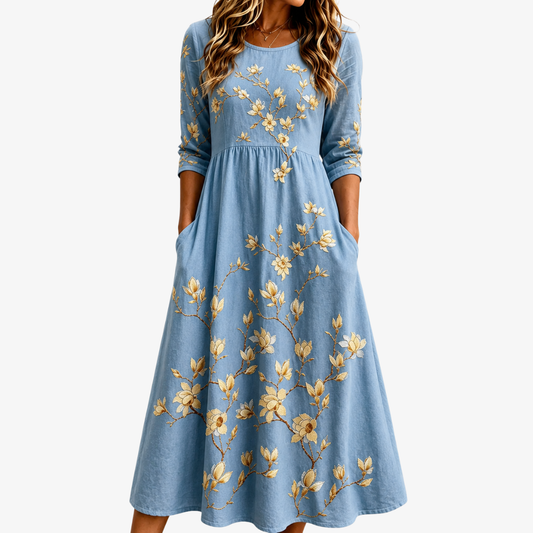 Cele | Vestido midi pradera campanilla azul con bolsillos