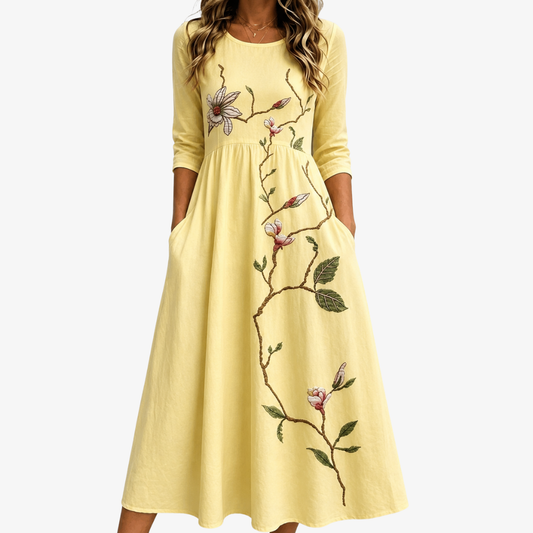 Golden | Vestido midi flor dorada con bolsillos