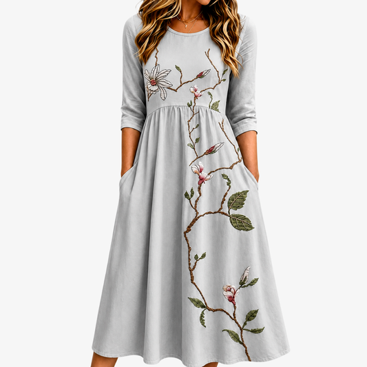 Mire | Vestido midi pradera flor de plata con bolsillos
