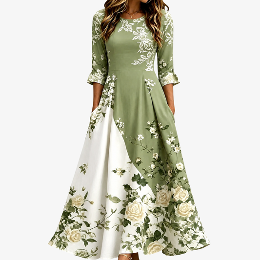 Rosario | Vestido maxi jardín de rosas salvia con bolsillos