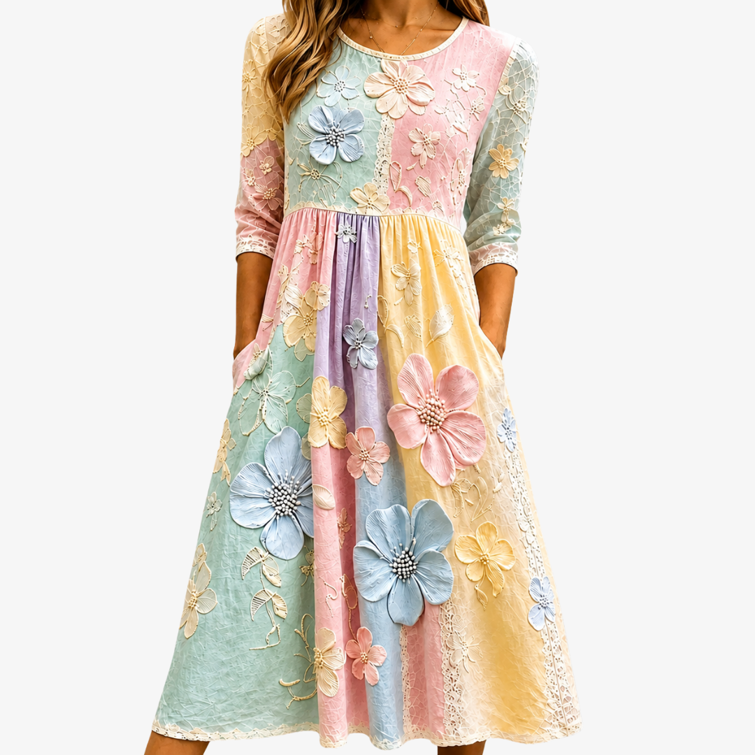 Pastel | Vestido midi jardín floral pastel con bolsillos