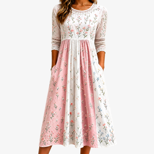 Nata | Vestido midi patchwork pradera rosa con bolsillos