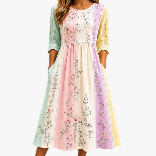 Espe | Vestido midi jardín pastel con paneles y bolsillos
