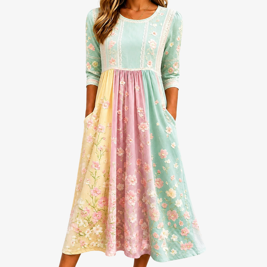 Prilia | Vestido midi patchwork floral primavera con bolsillos