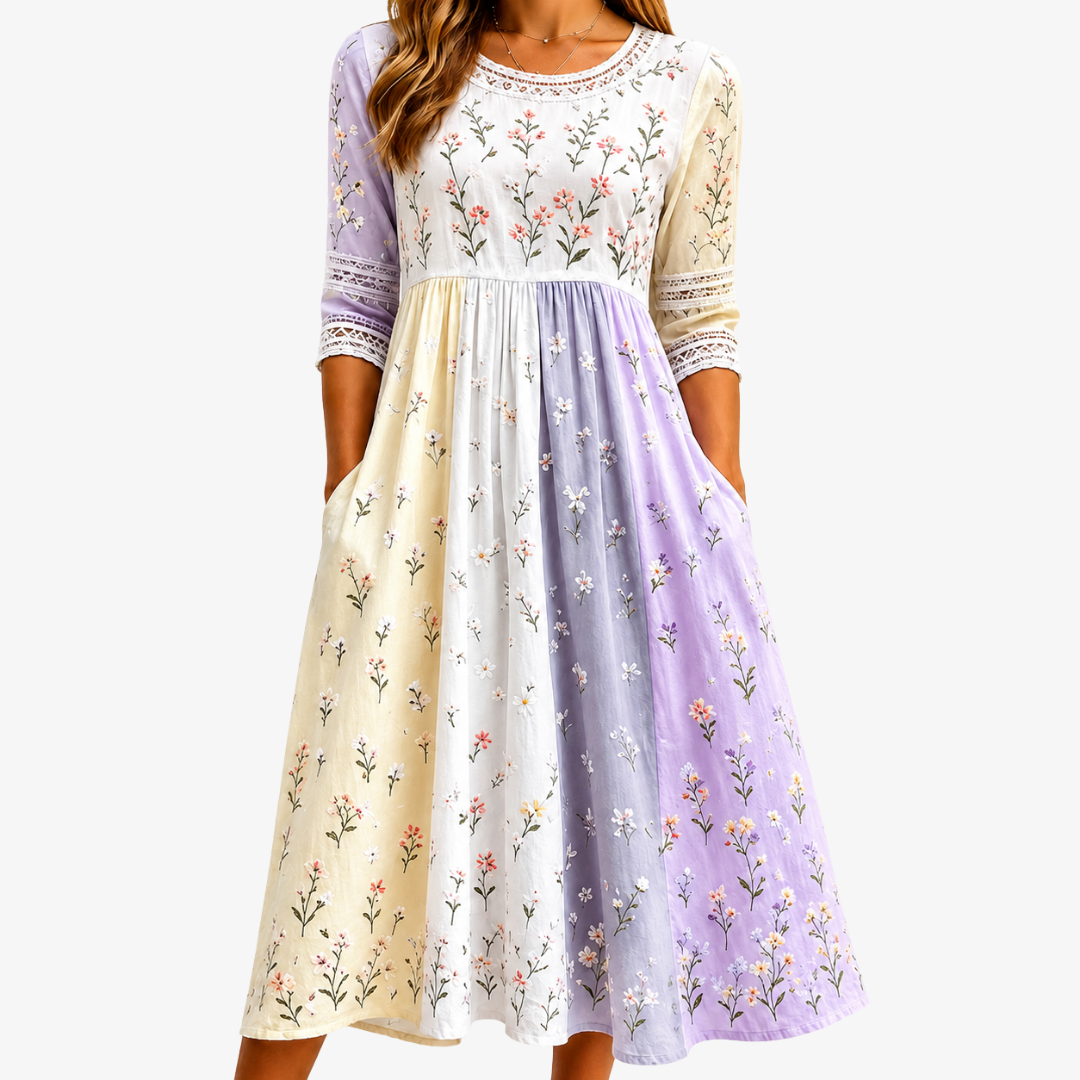 Lavinia | Vestido midi patchwork pradera lavanda
