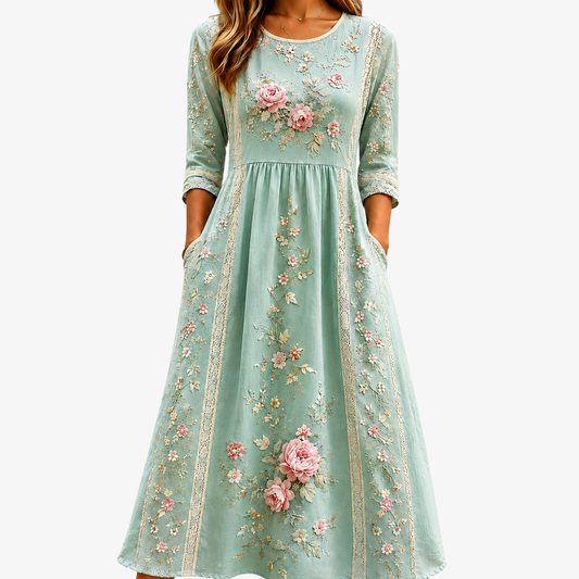 Rosenda | Vestido midi gracia jardín de rosas rosa