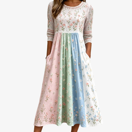 Cami | Vestido midi floral pradera pastel con bolsillos