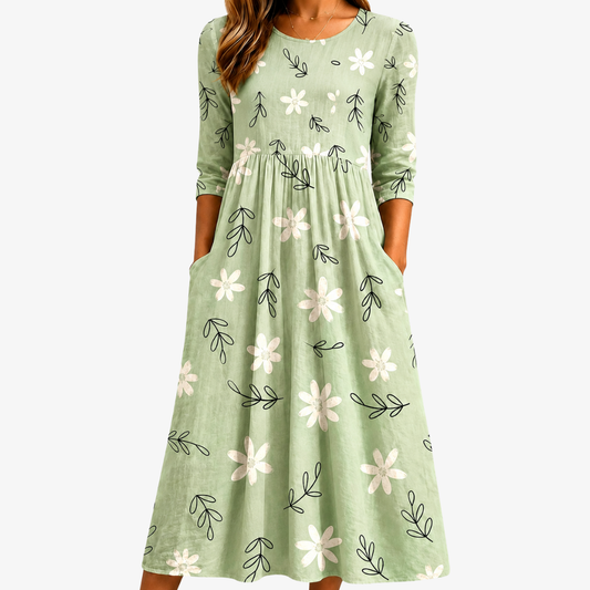 Nati | Vestido midi floral salvia cotidiano con bolsillos