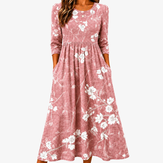 Rosalba | Vestido midi gracia floral rosa con bolsillos