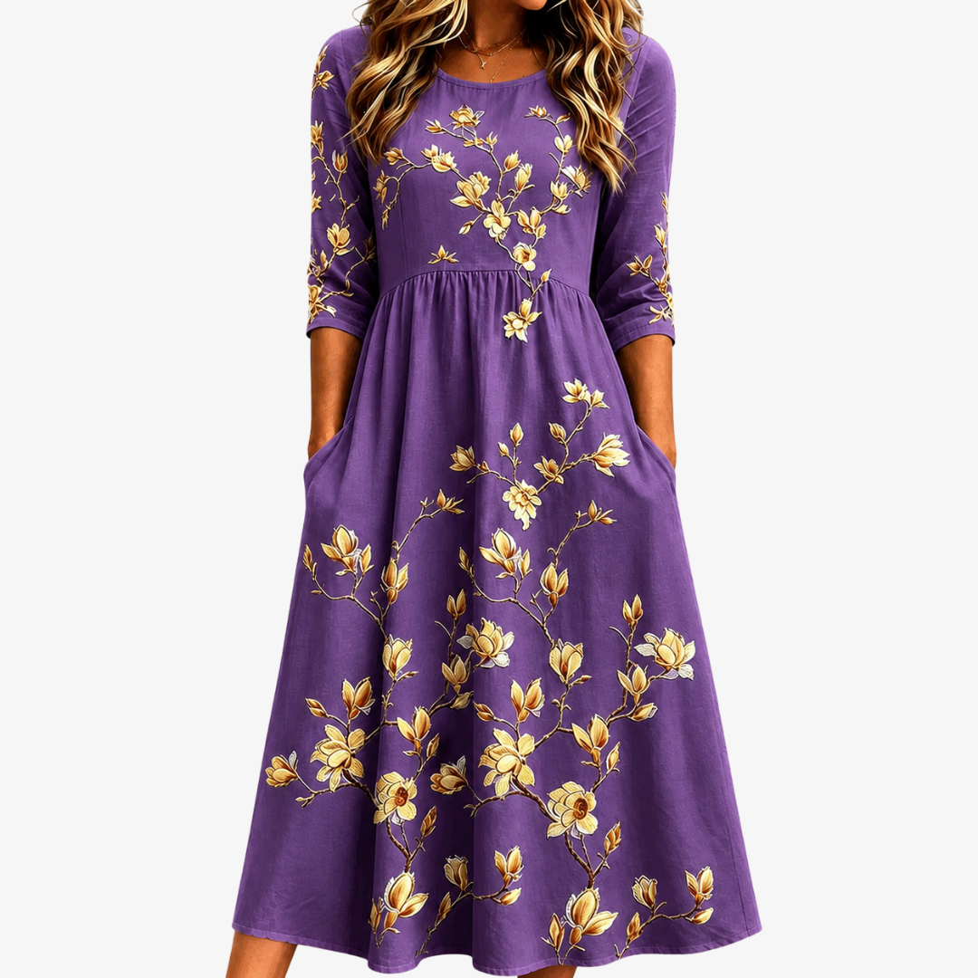 Dorada | Vestido midi magnolia dorada con bolsillos