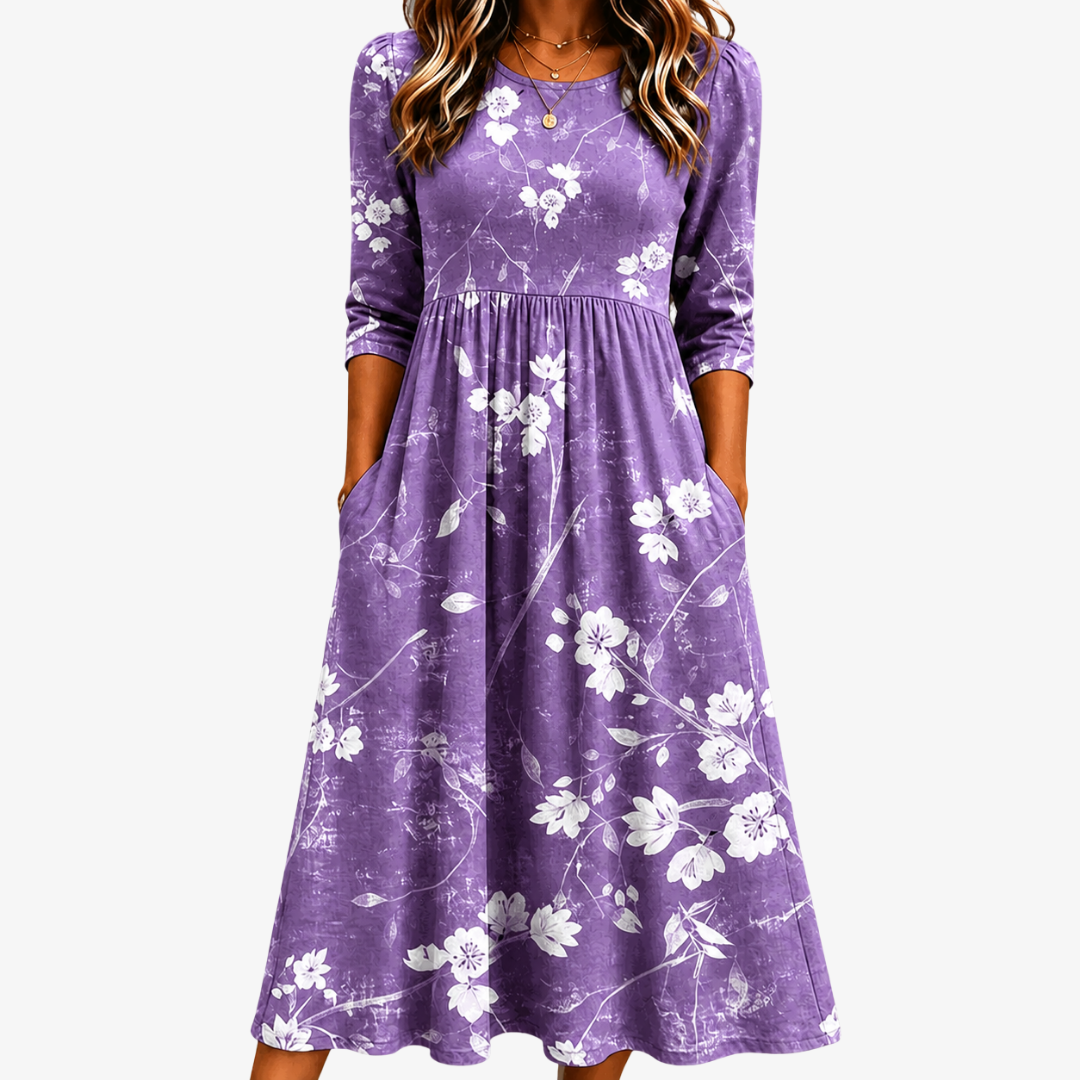 Lila | Vestido midi confort floral lavanda con bolsillos
