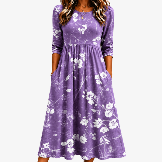 Lila | Vestido midi confort floral lavanda con bolsillos