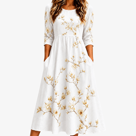 Marfil | Vestido midi gracia floral crema con bolsillos