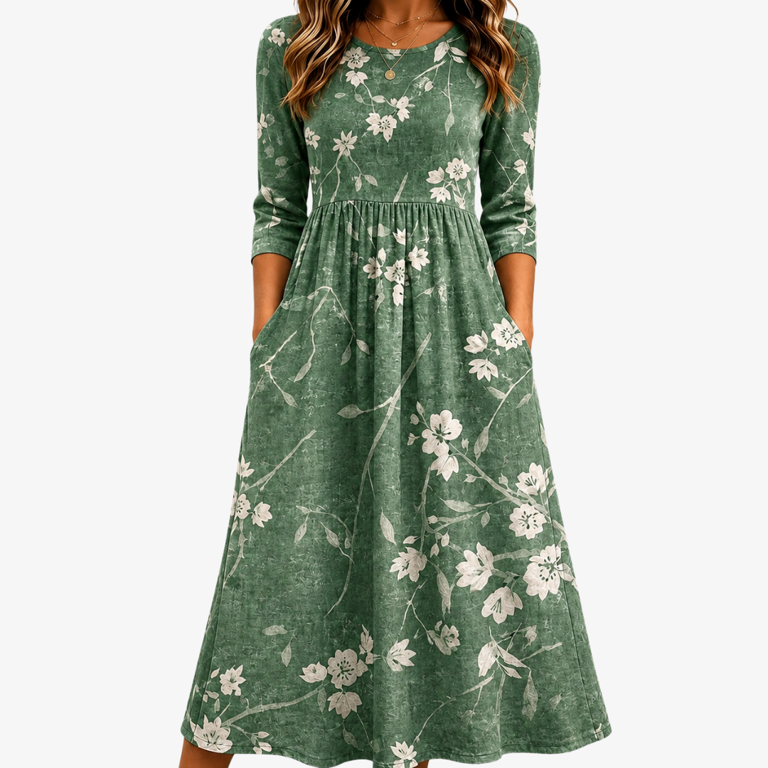 Esmeralda | Vestido midi floral verde esmeralda relajado con bolsillos
