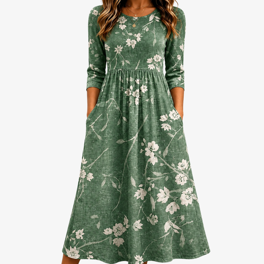 Esmeralda | Vestido midi floral verde esmeralda relajado con bolsillos
