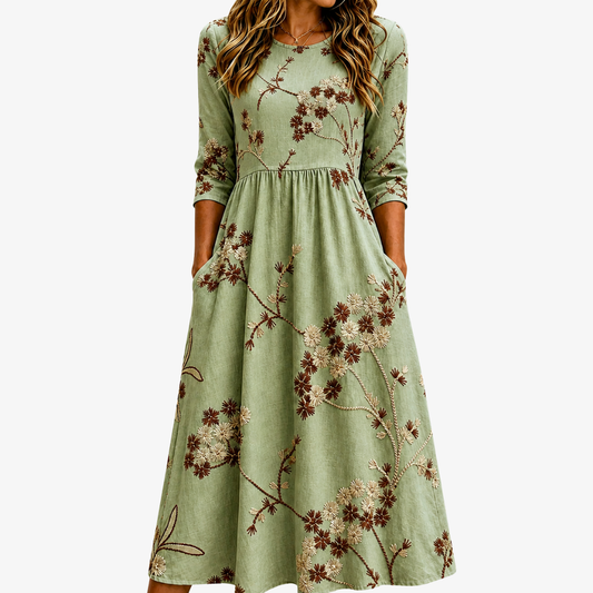 Prado | Vestido midi floral pradera salvia con bolsillos