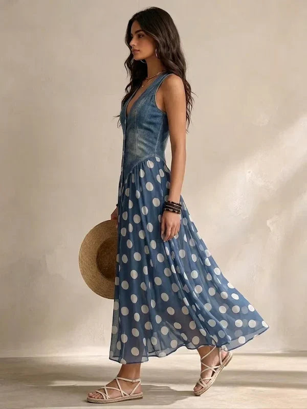 Lonia | Vestido vaquero con falda de gasa con lunares