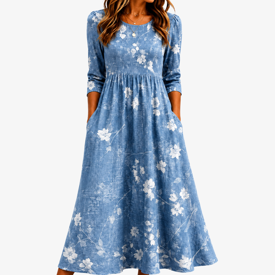 Brissa | Vestido midi floral azul campanilla con bolsillos