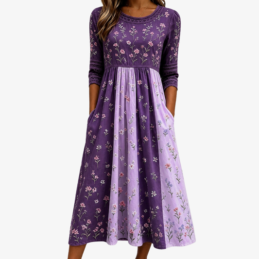 Lavenda | Vestido midi floral silvestre lavanda con paneles