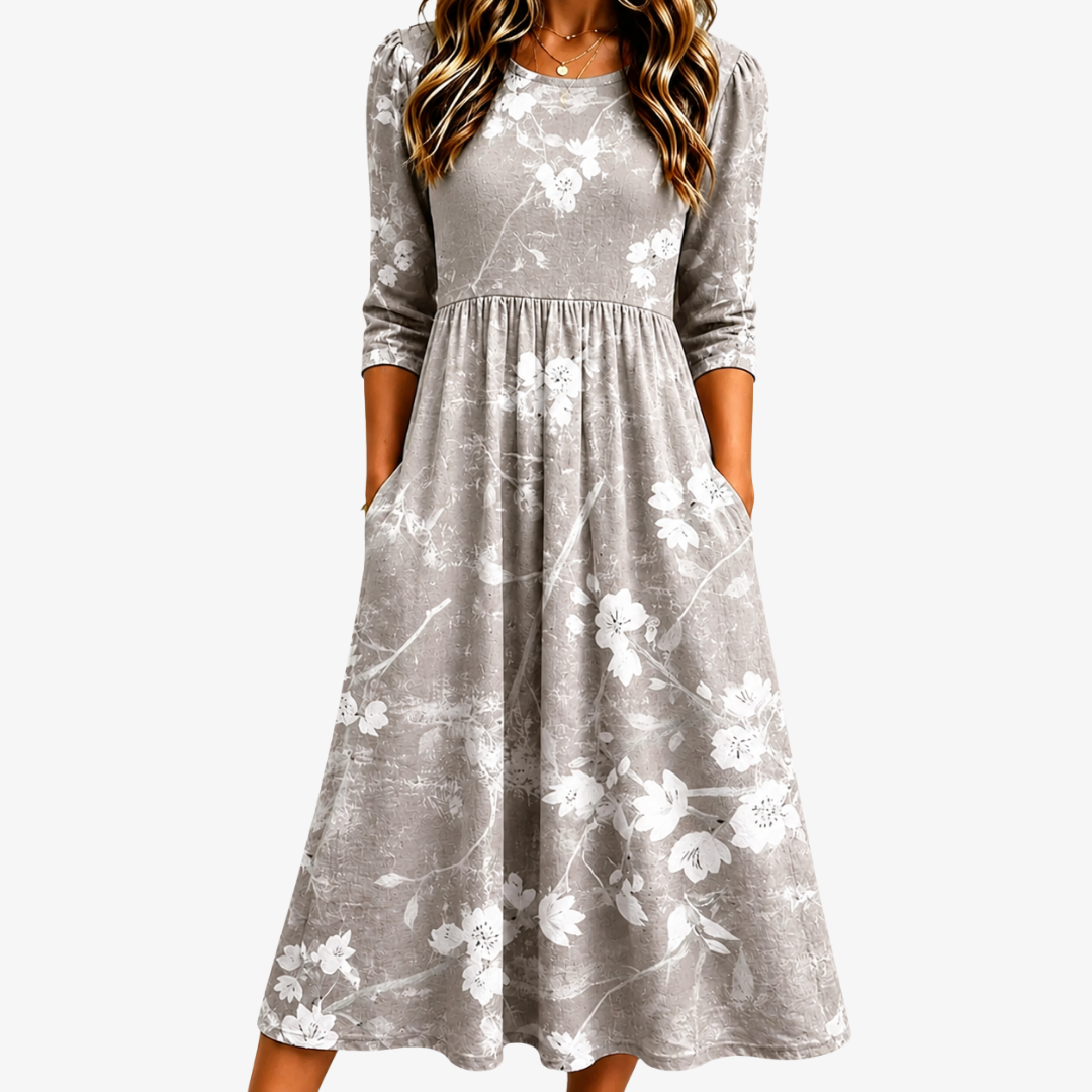 Perlita | Vestido midi gracia floral gris plata con bolsillos