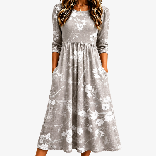 Perlita | Vestido midi gracia floral gris plata con bolsillos