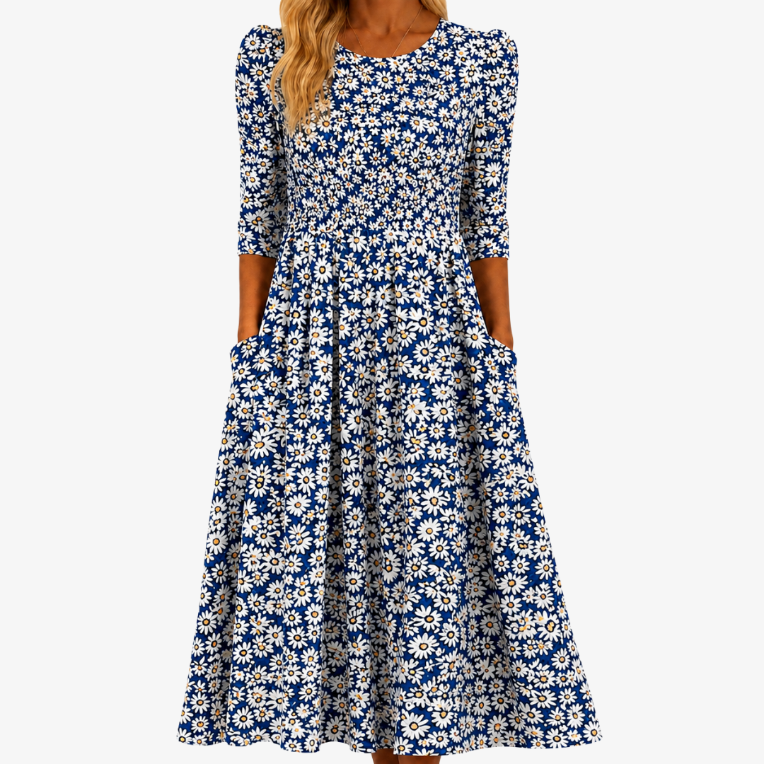 Margaritta | Vestido maxi jardín de margaritas azul con bolsillos