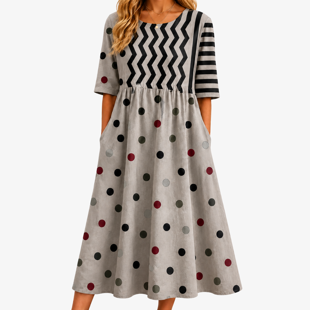 Mosaico | Vestido midi estampado mixto moderno con bolsillos