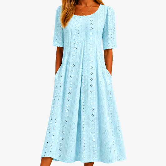 Calada | Vestido midi gracia calada cielo con bolsillos