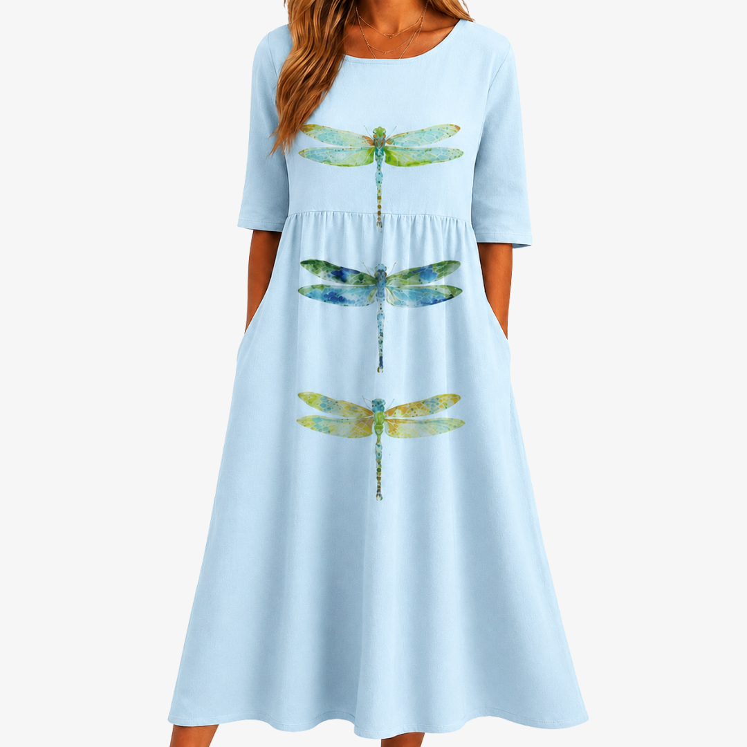 Libélula | Vestido midi pradera libélula cielo con bolsillos