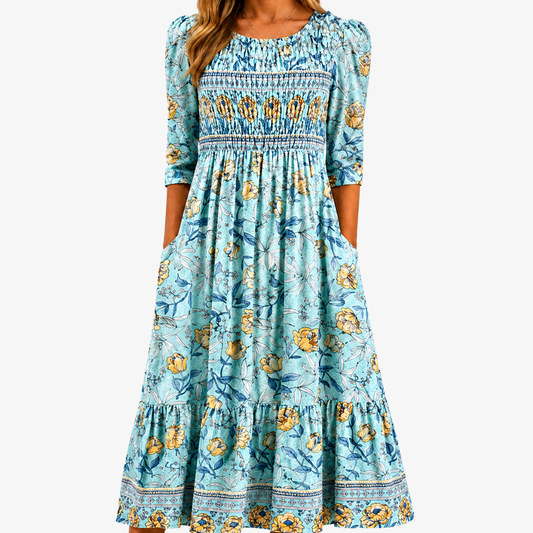Mosai | Vestido midi jardín dorado fruncido con bolsillos