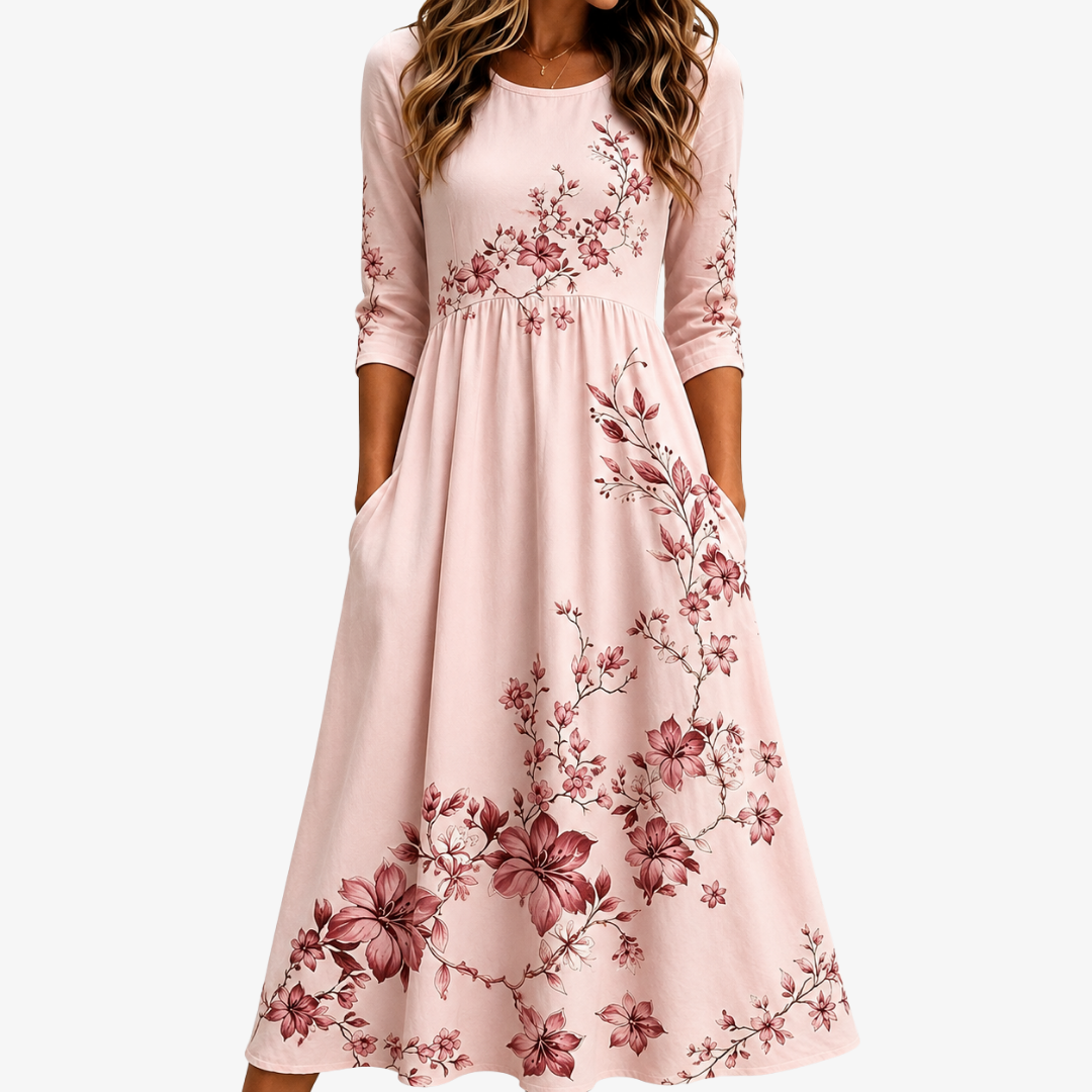 Marianna | Vestido midi jardín de rosas con bolsillos