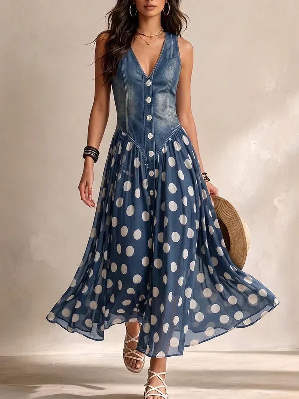 Lonia | Vestido vaquero con falda de gasa con lunares