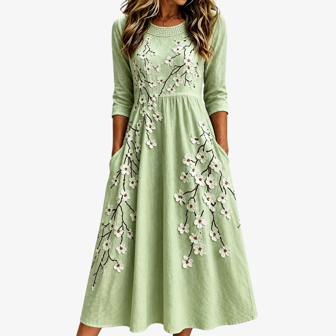 Danniela | Vestido midi jardín floral salvia con bolsillos