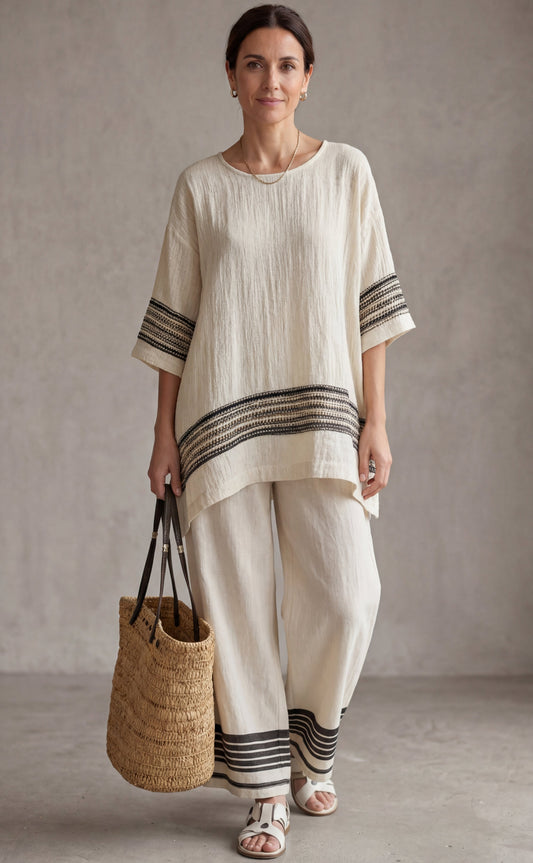Mariella | Top elegante de lino con rayas negras y pantalones fluidos