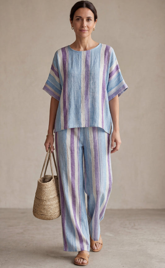 Ginevra | Top elegante en tono malva pastel y pantalones de lino a rayas