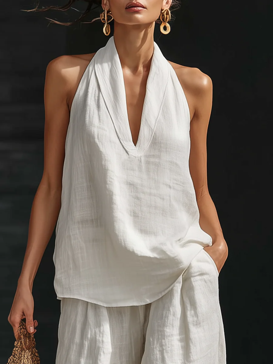 Vega | Conjunto de lino con escote en V y pantalón fluido