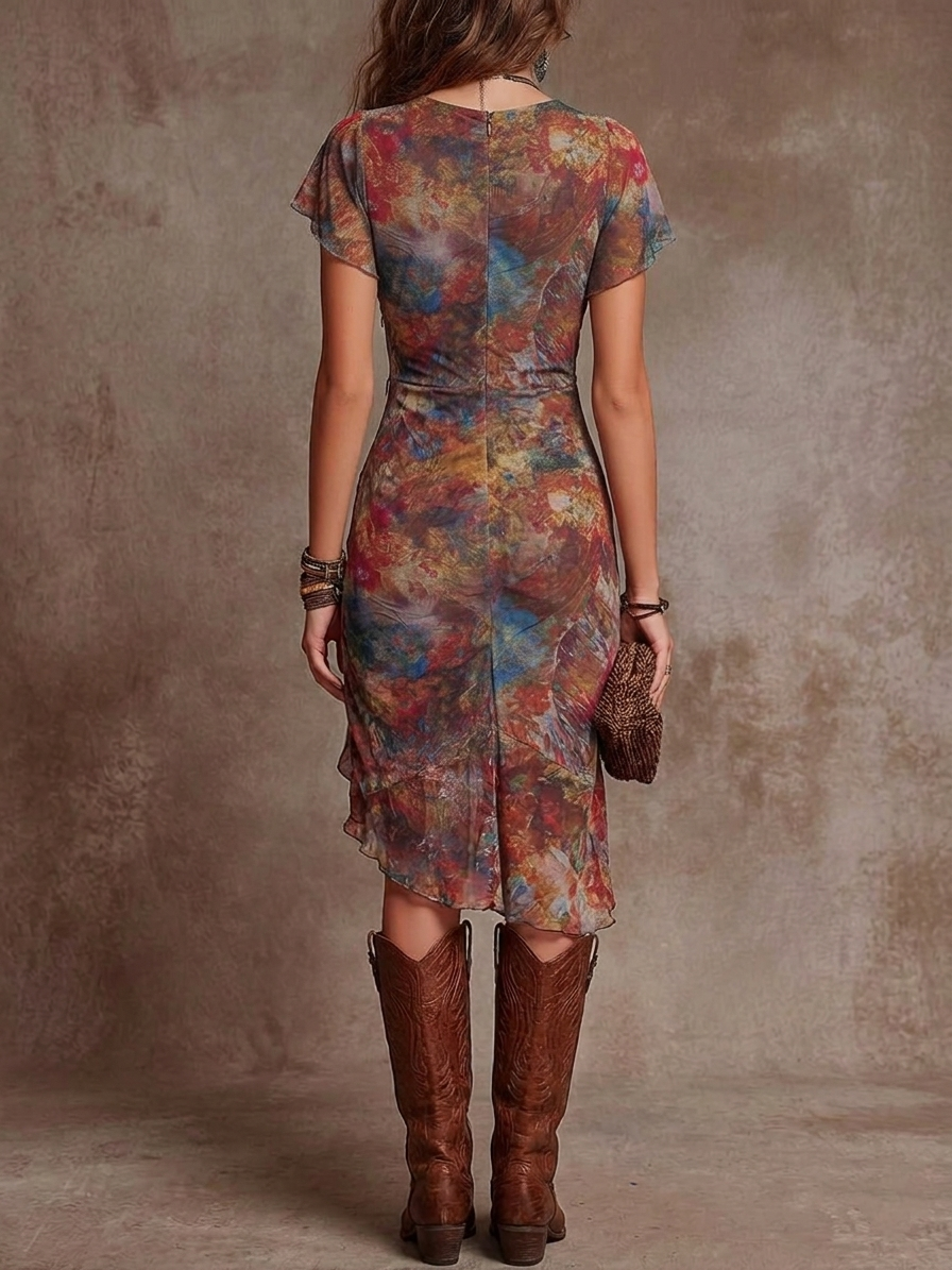 Judy | Vestido midi abstracto con cuello en V