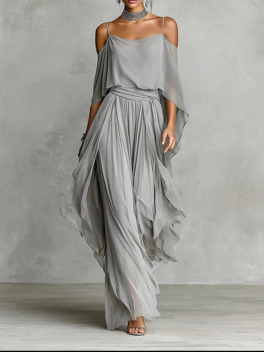 Isabela | Conjunto fluido gris con top de tirantes y pantalón ligero
