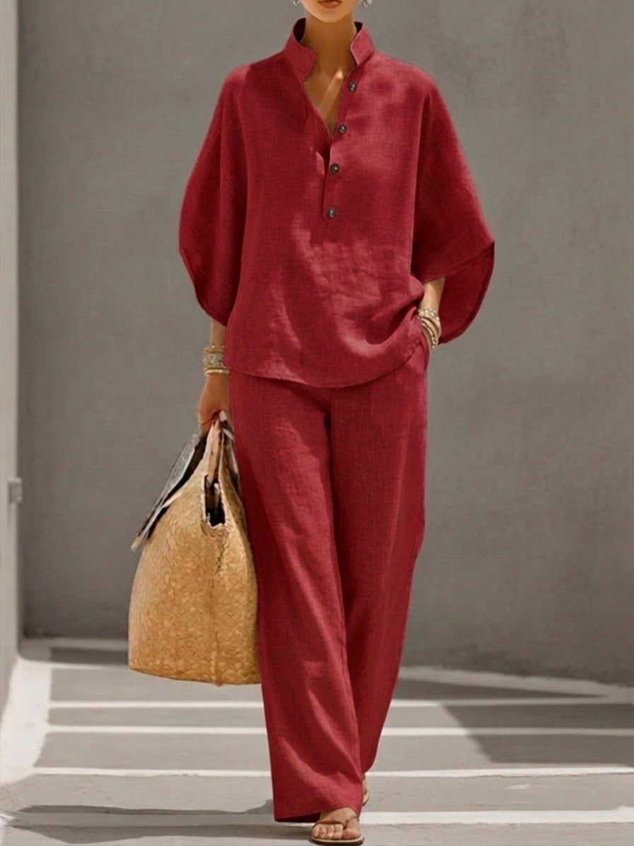 Maribel | Conjunto de dos piezas efecto lino con mangas murciélago y pantalón fluido